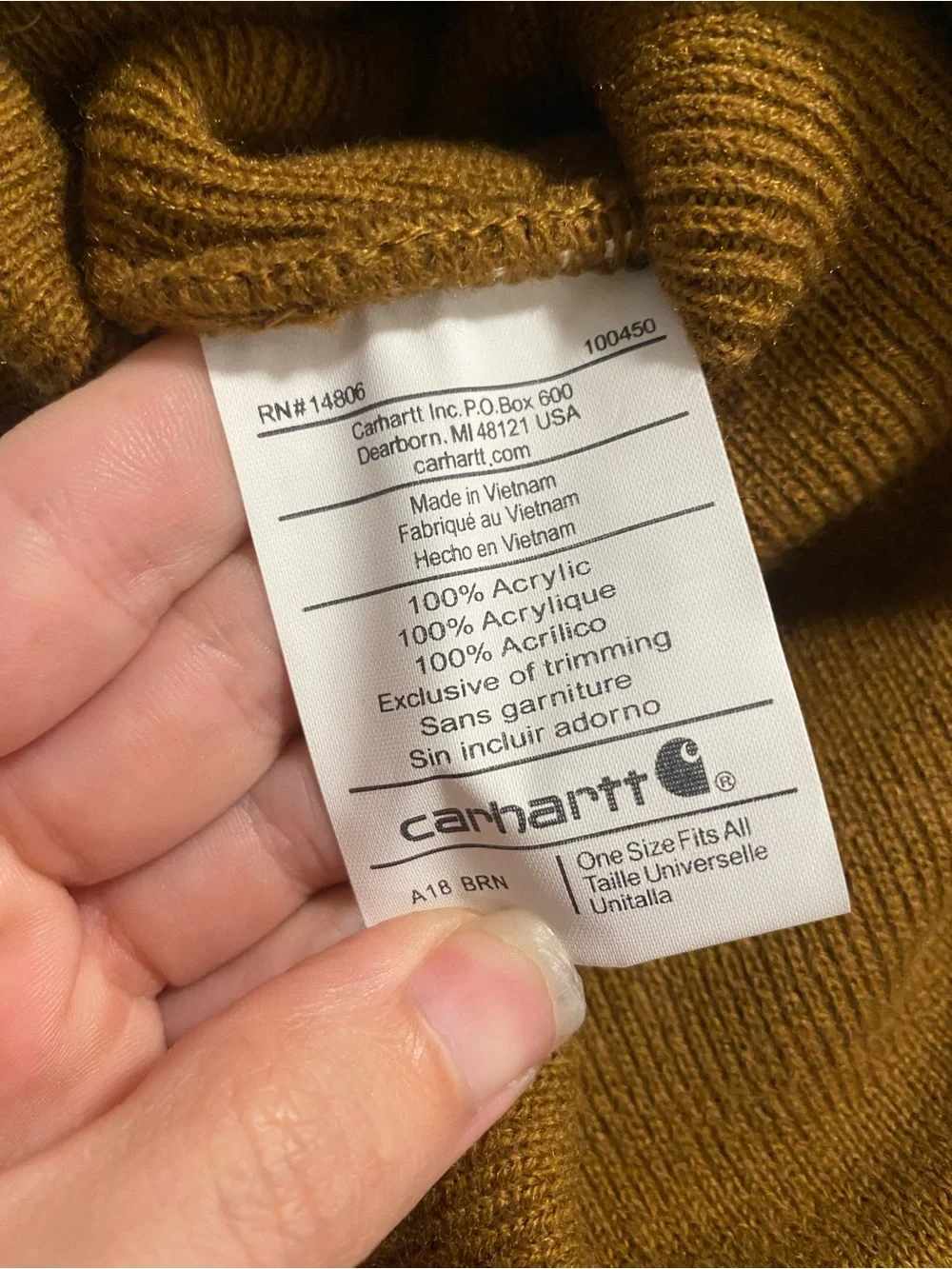 Carhartt brown A18 watch cap rib-knit cuffed beanie